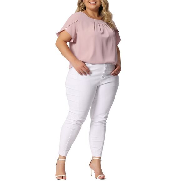 Plus Size Tops Casual Round Neck Pleated Top Tulip Sleeves Blouse Pink - Picture 2 of 6